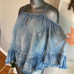 BLANKNYC peasant boho paint splattered bell cuffs cold shoulder fringe h…